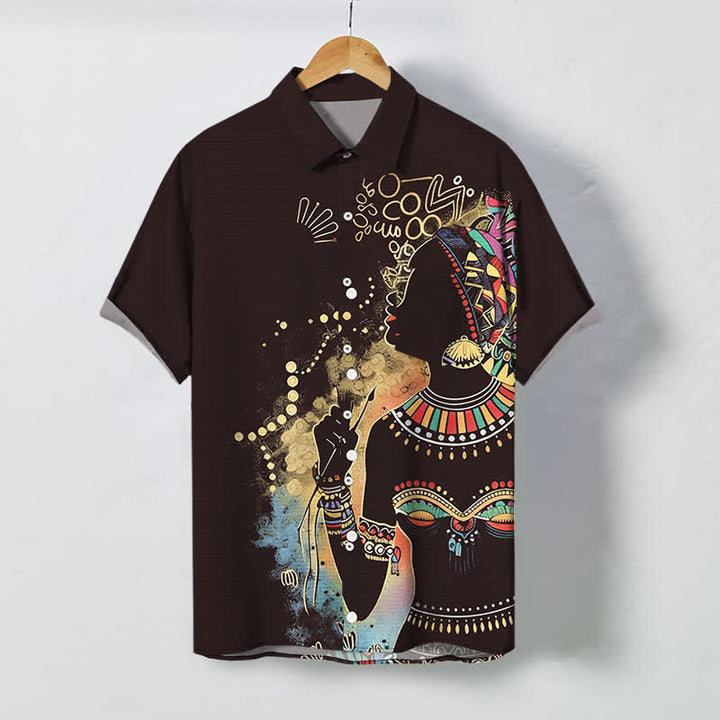 Buddha Stones Camicia da uomo a maniche corte traspirante con bottoni e motivo a silhouette di donna tribale. - Marrone sella - US/UK/AU48, EU58 (4XL) - image 5