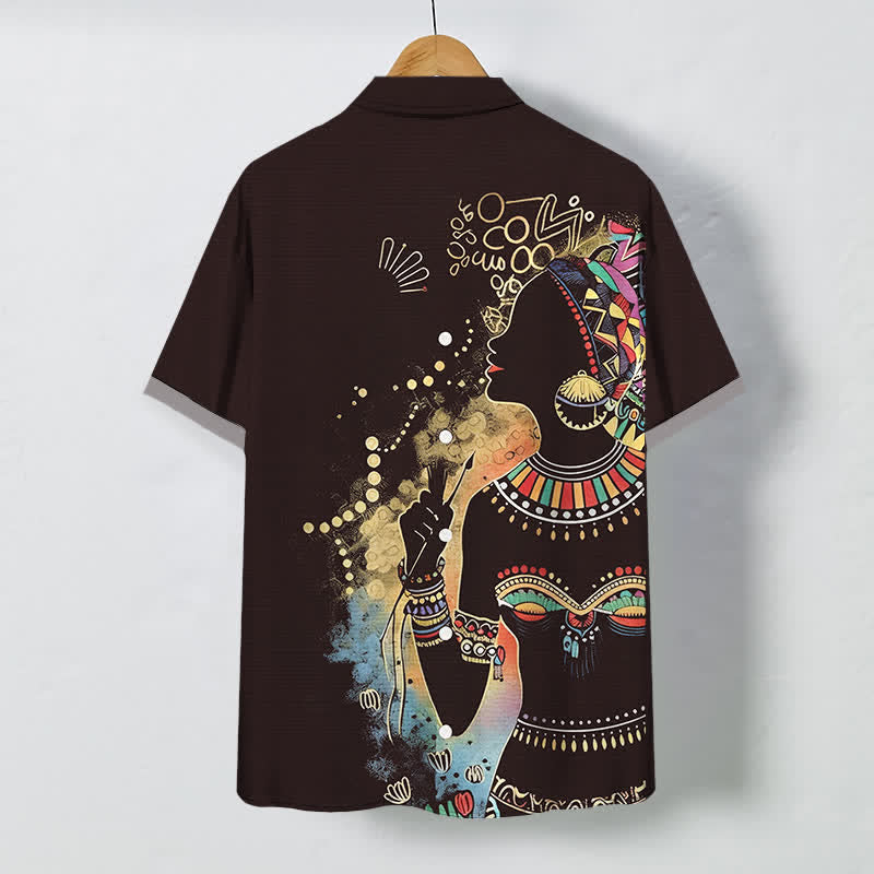 Buddha Stones Camicia da uomo a maniche corte traspirante con bottoni e motivo a silhouette di donna tribale. - image 6