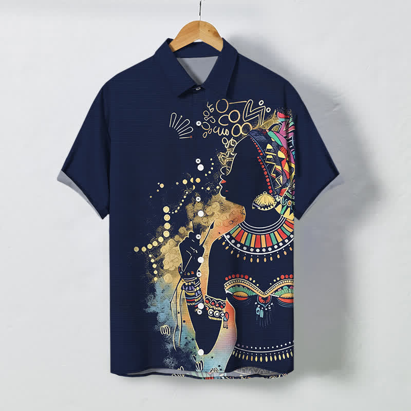 Buddha Stones Camicia da uomo a maniche corte traspirante con bottoni e motivo a silhouette di donna tribale. - Marina - US/UK/AU48, EU58 (4XL) - image 10