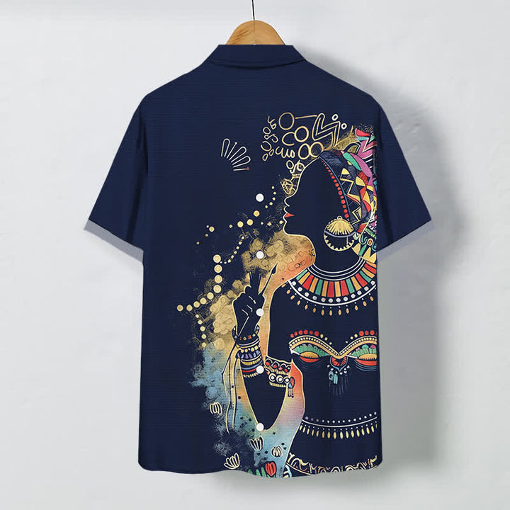 Buddha Stones Camicia da uomo a maniche corte traspirante con bottoni e motivo a silhouette di donna tribale. - image 11
