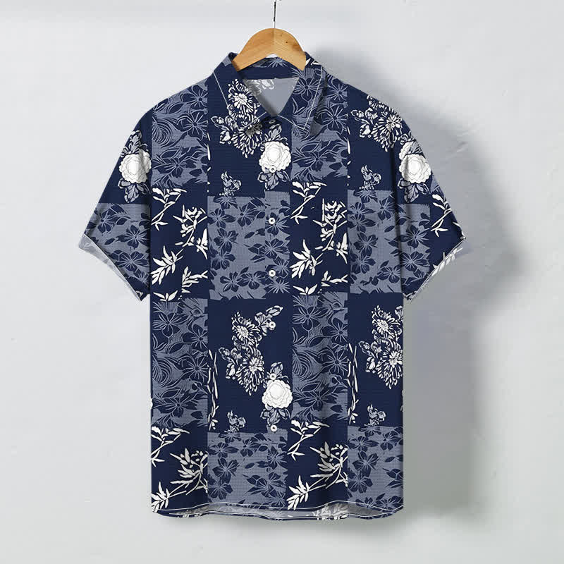 Buddha Stones Camicia da uomo a maniche corte, traspirante, con bottoni e motivo floreale a quadri blu. - Marina - US/UK/AU48, EU58 (4XL) - image 0