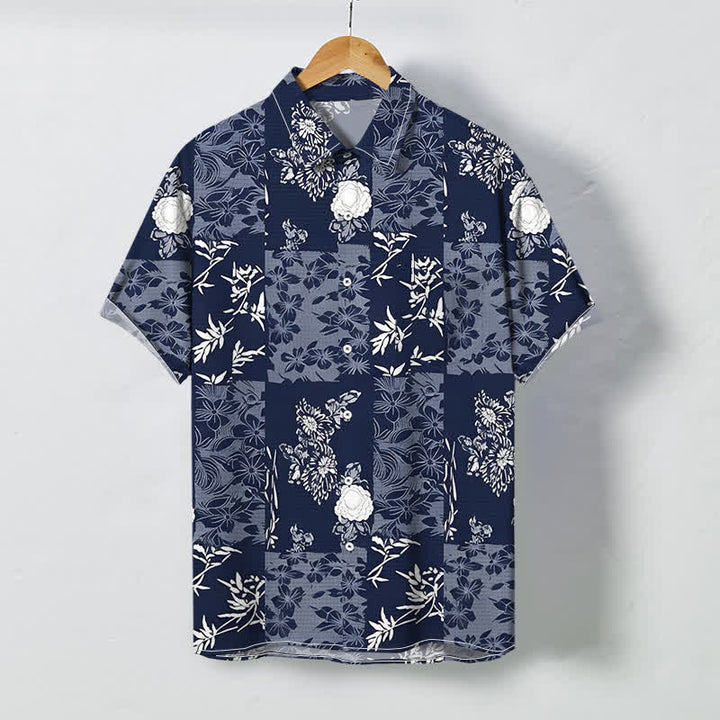 Buddha Stones Camicia da uomo a maniche corte, traspirante, con bottoni e motivo floreale a quadri blu. - Marina - US/UK/AU48, EU58 (4XL) - image 0