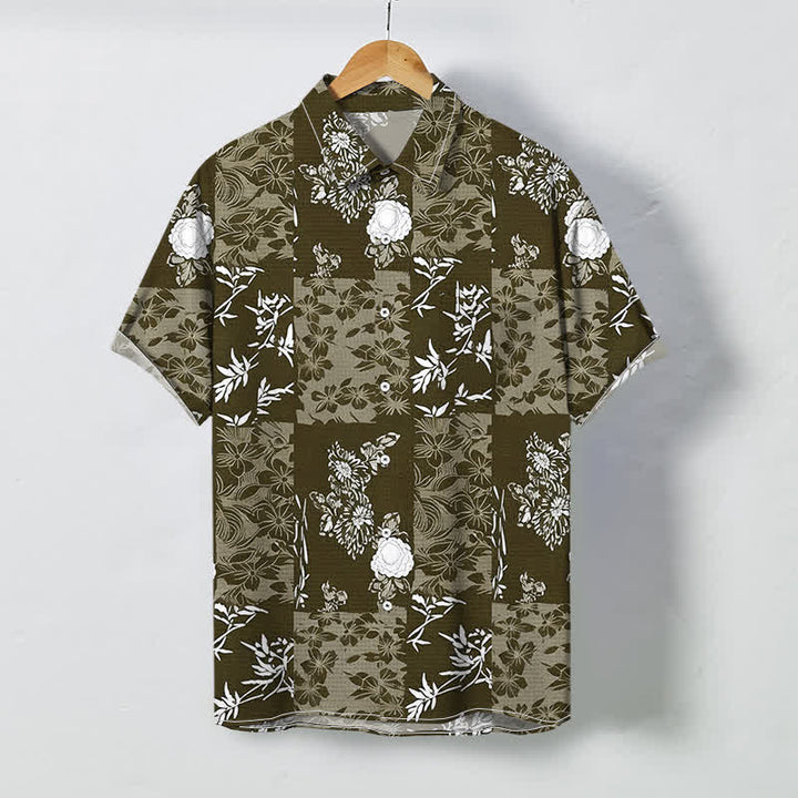 Buddha Stones Camicia da uomo a maniche corte, traspirante, con bottoni e motivo floreale a quadri blu. - Marrone sella - US/UK/AU48, EU58 (4XL) - image 3