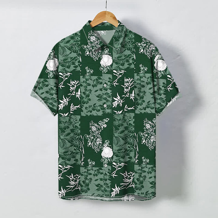 Buddha Stones Camicia da uomo a maniche corte, traspirante, con bottoni e motivo floreale a quadri blu. - Verde scuro - US/UK/AU48, EU58 (4XL) - image 6