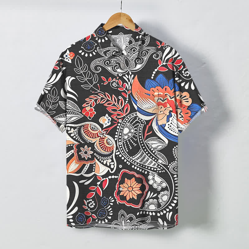 Buddha Stones Camicia da uomo a maniche corte traspirante con bottoni e motivo floreale paisley vintage. - Nero - US/UK/AU48, EU58 (4XL) - image 0