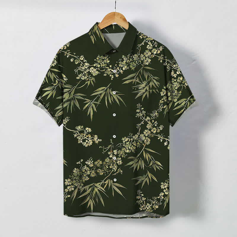 Buddha Stones Camicia da uomo a maniche corte traspirante con bottoni e motivo a fiori di pruno in bambù. - Verde scuro - US/UK/AU48, EU58 (4XL) - image 5