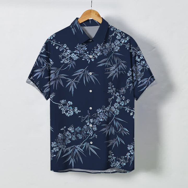 Buddha Stones Camicia da uomo a maniche corte traspirante con bottoni e motivo a fiori di pruno in bambù. - Marina - US/UK/AU48, EU58 (4XL) - image 10