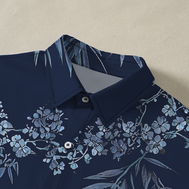 Buddha Stones Camicia da uomo a maniche corte traspirante con bottoni e motivo a fiori di pruno in bambù. - image 12
