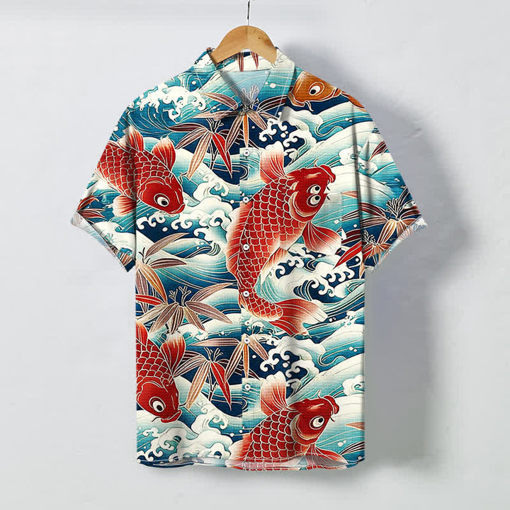 Buddha Stones Camicia da uomo a maniche corte traspirante con bottoni e motivo a onde di bambù e koi. - Turchese - US/UK/AU48, EU58 (4XL) - image 0