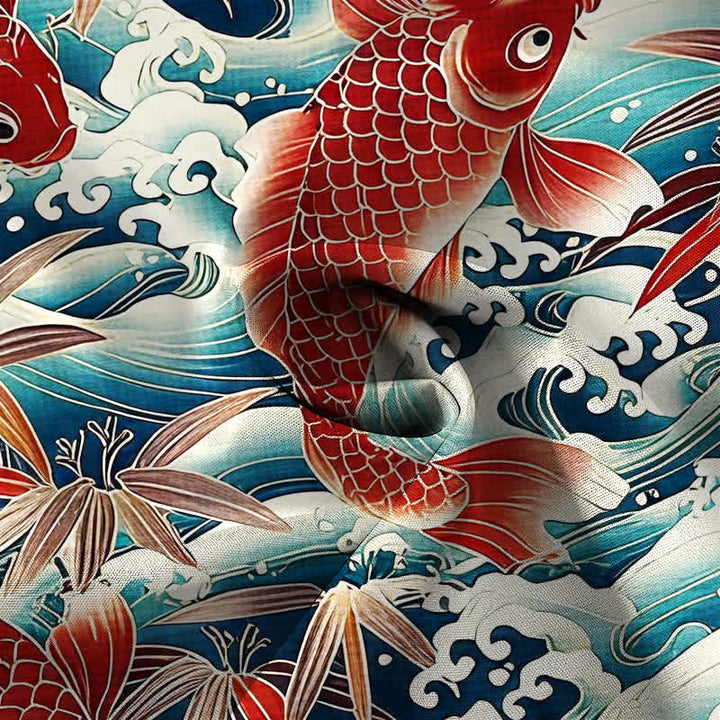 Buddha Stones Camicia da uomo a maniche corte traspirante con bottoni e motivo a onde di bambù e koi. - image 2
