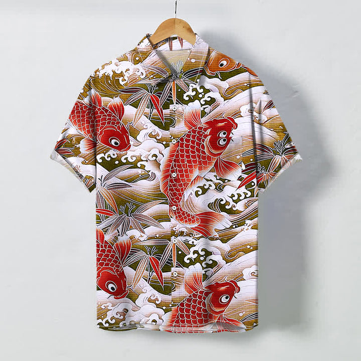 Buddha Stones Camicia da uomo a maniche corte traspirante con bottoni e motivo a onde di bambù e koi. - Verga d'oro scura - US/UK/AU48, EU58 (4XL) - image 3