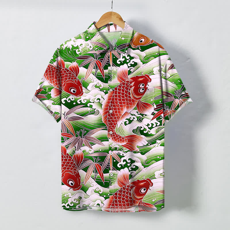 Buddha Stones Camicia da uomo a maniche corte traspirante con bottoni e motivo a onde di bambù e koi. - Verde lime - US/UK/AU48, EU58 (4XL) - image 6