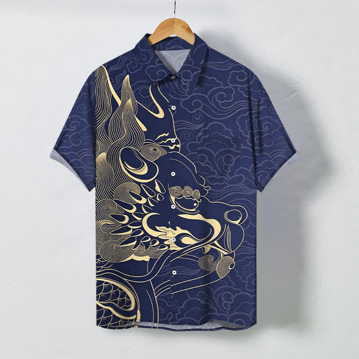 Buddha Stones Camicia da uomo a maniche corte con bottoni a fantasia drago dorato e nuvole, resistente alle pieghe. - Marina - US/UK/AU48, EU58 (4XL) - image 0