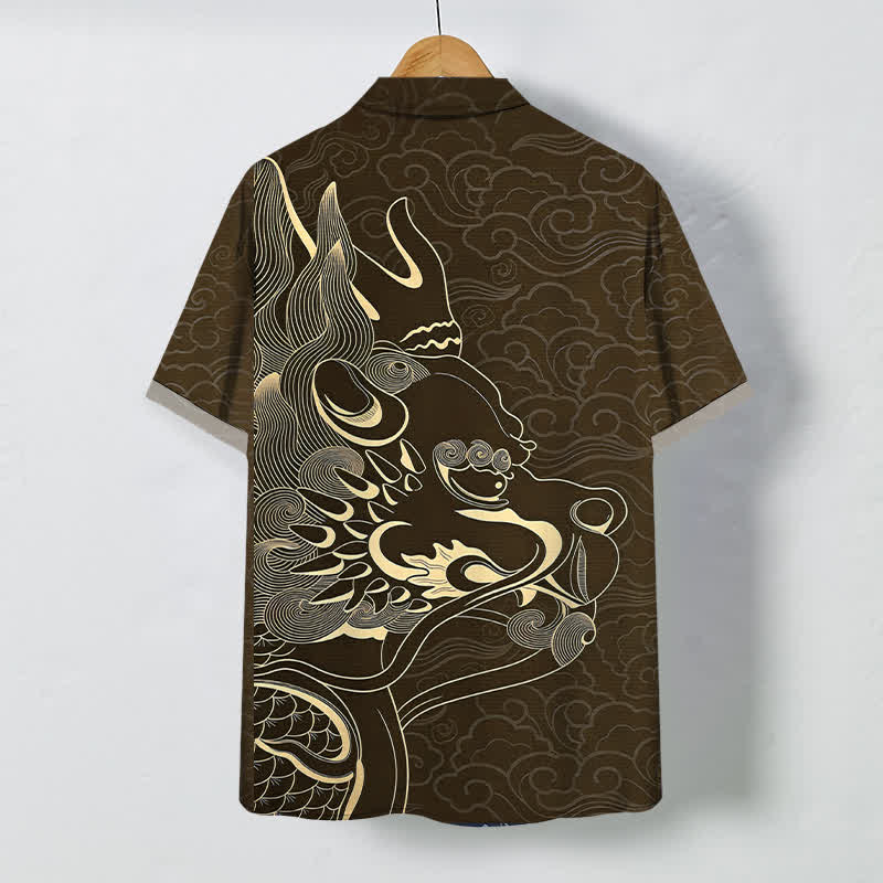 Buddha Stones Camicia da uomo a maniche corte con bottoni a fantasia drago dorato e nuvole, resistente alle pieghe. - image 6