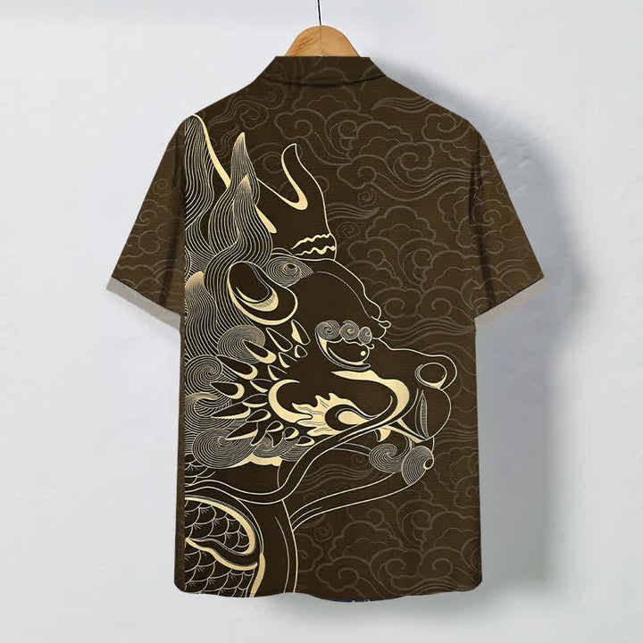Buddha Stones Camicia da uomo a maniche corte con bottoni a fantasia drago dorato e nuvole, resistente alle pieghe. - image 6