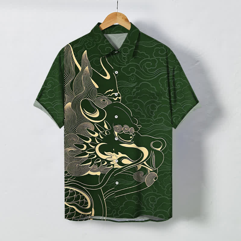 Buddha Stones Camicia da uomo a maniche corte con bottoni a fantasia drago dorato e nuvole, resistente alle pieghe. - Verde studentesco - US/UK/AU48, EU58 (4XL) - image 10