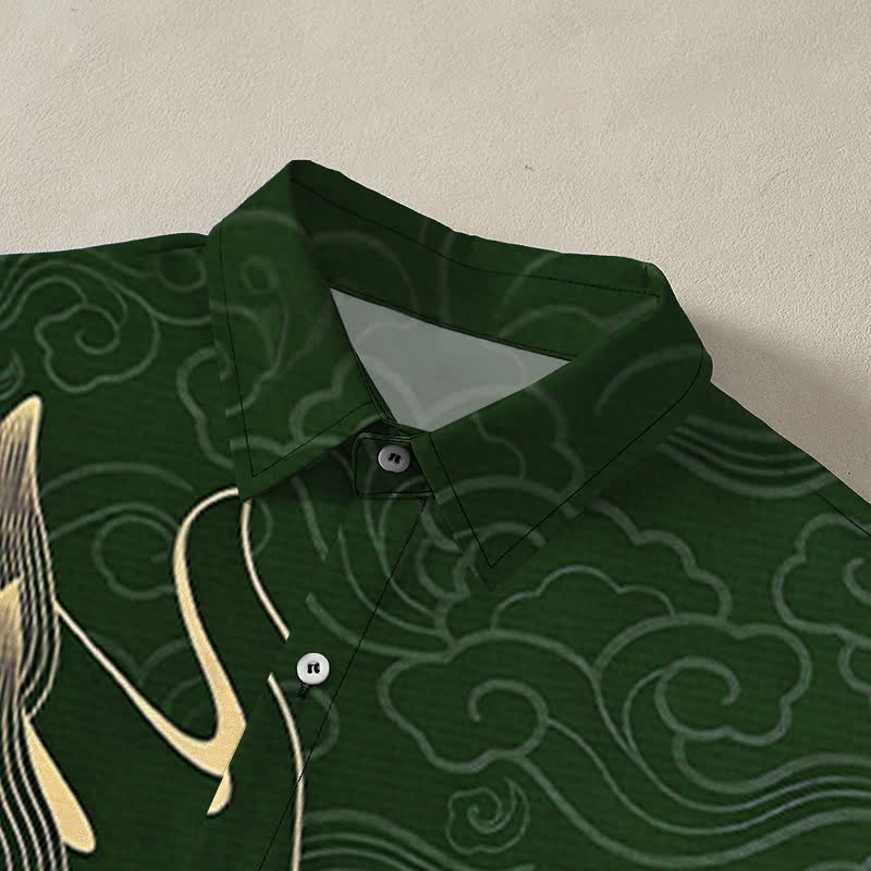 Buddha Stones Camicia da uomo a maniche corte con bottoni a fantasia drago dorato e nuvole, resistente alle pieghe. - image 12