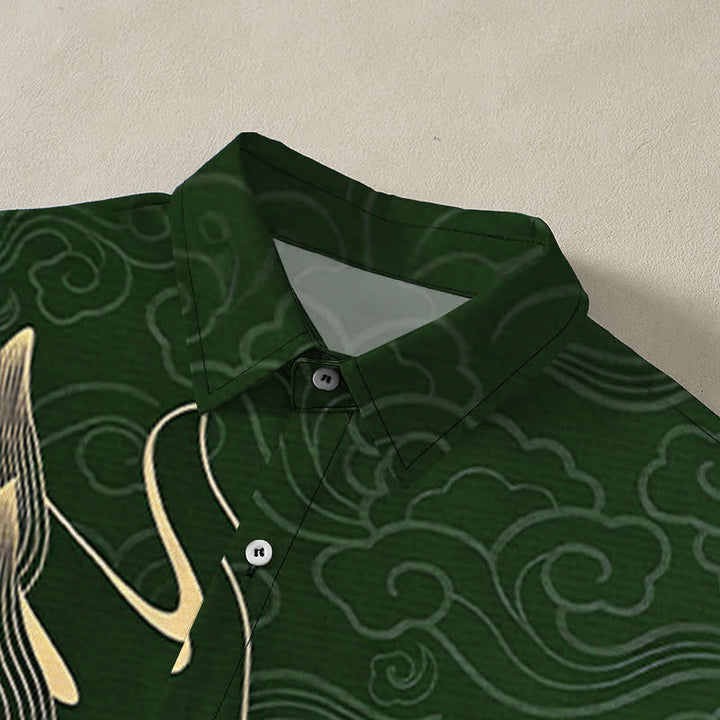 Buddha Stones Camicia da uomo a maniche corte con bottoni a fantasia drago dorato e nuvole, resistente alle pieghe. - image 12