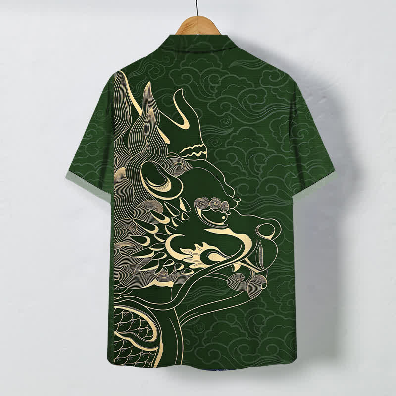 Buddha Stones Camicia da uomo a maniche corte con bottoni a fantasia drago dorato e nuvole, resistente alle pieghe. - image 11