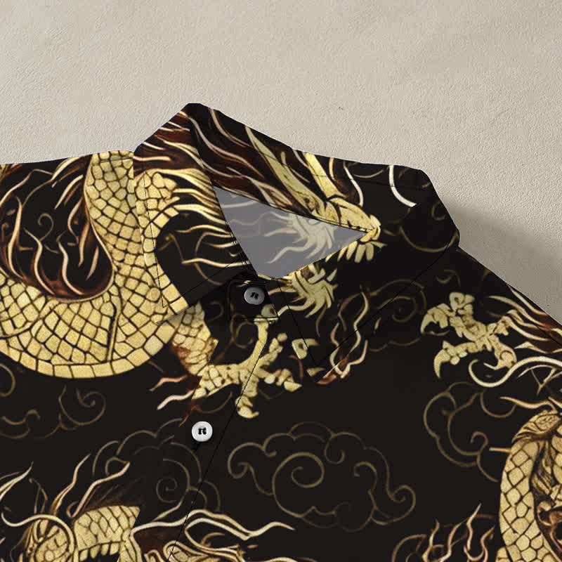 Buddha Stones Camicia da uomo a maniche corte con bottoni a fantasia drago dorato e nuvole, resistente alle pieghe. - image 2