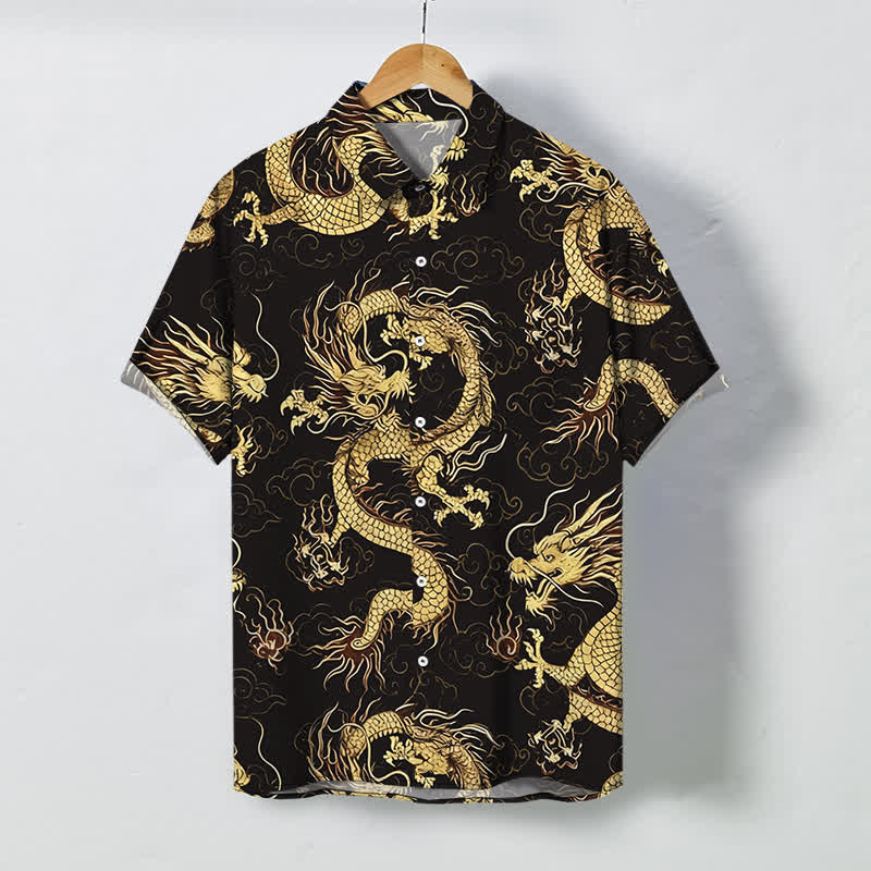 Buddha Stones Camicia da uomo a maniche corte con bottoni a fantasia drago dorato e nuvole, resistente alle pieghe. - Marrone sella - US/UK/AU48, EU58 (4XL) - image 0