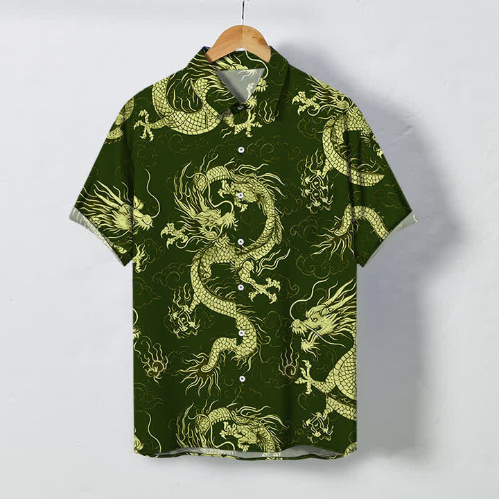 Buddha Stones Camicia da uomo a maniche corte con bottoni a fantasia drago dorato e nuvole, resistente alle pieghe. - Verde oliva scuro - US/UK/AU48, EU58 (4XL) - image 5