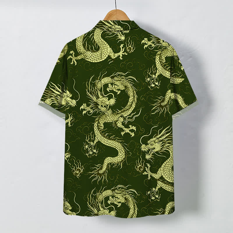 Buddha Stones Camicia da uomo a maniche corte con bottoni a fantasia drago dorato e nuvole, resistente alle pieghe. - image 6