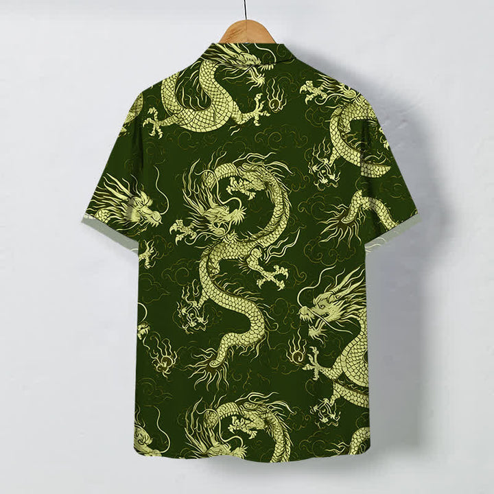 Buddha Stones Camicia da uomo a maniche corte con bottoni a fantasia drago dorato e nuvole, resistente alle pieghe. - image 6