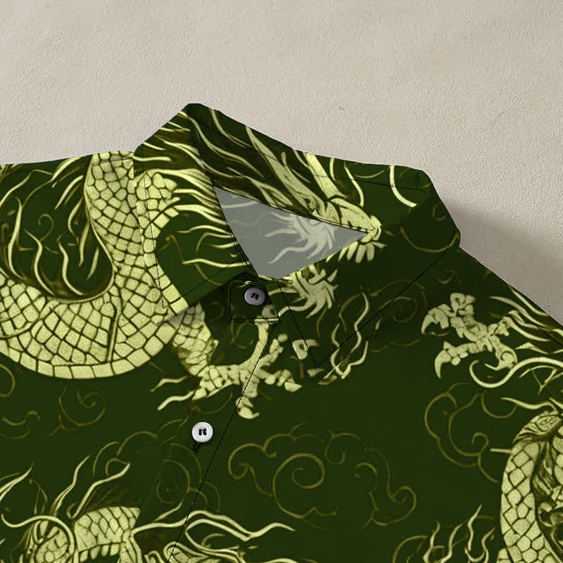 Buddha Stones Camicia da uomo a maniche corte con bottoni a fantasia drago dorato e nuvole, resistente alle pieghe. - image 7