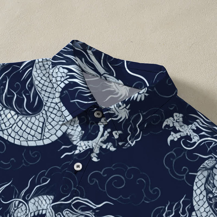 Buddha Stones Camicia da uomo a maniche corte con bottoni a fantasia drago dorato e nuvole, resistente alle pieghe. - image 12