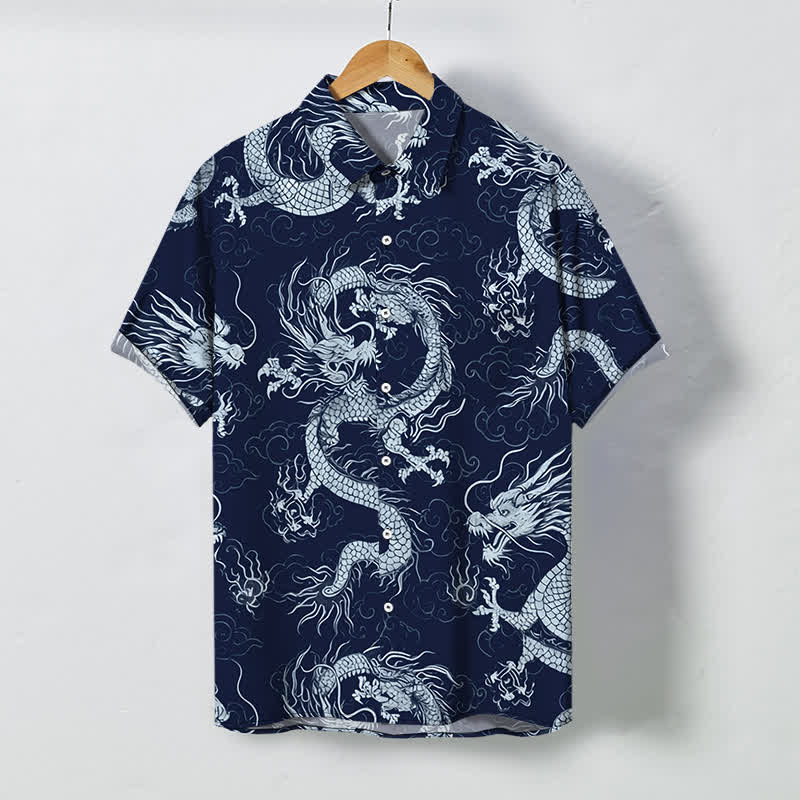 Buddha Stones Camicia da uomo a maniche corte con bottoni a fantasia drago dorato e nuvole, resistente alle pieghe. - Marina - US/UK/AU48, EU58 (4XL) - image 10