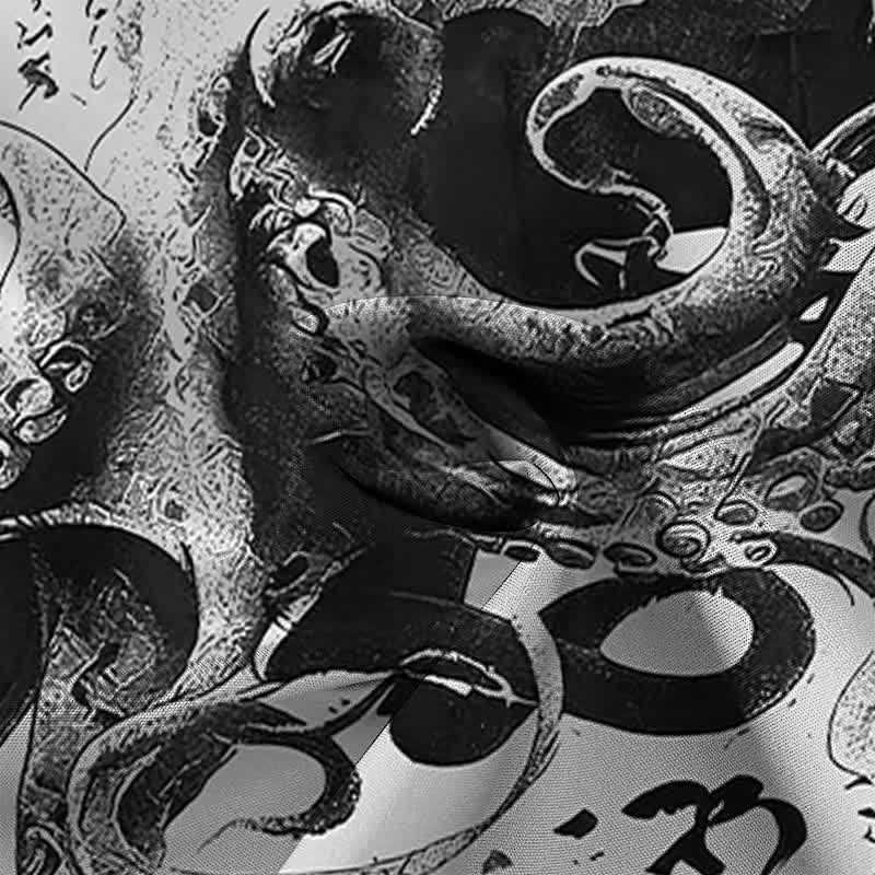 Buddha Stones Camicia da uomo a maniche corte con bottoni a fantasia calligrafica di polpo giapponese, resistente alle pieghe. - image 8