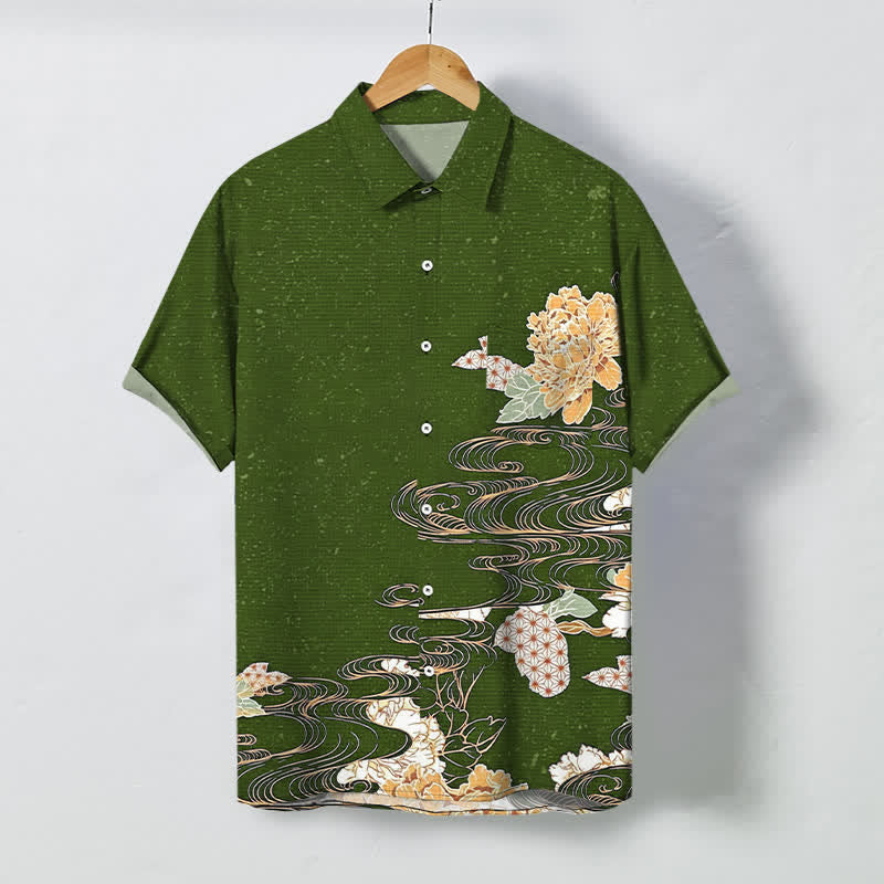 Buddha Stones Camicia da uomo a maniche corte traspirante con bottoni e motivo a onde di loto e nuvole. - Verde oliva scuro - US/UK/AU48, EU58 (4XL) - image 5