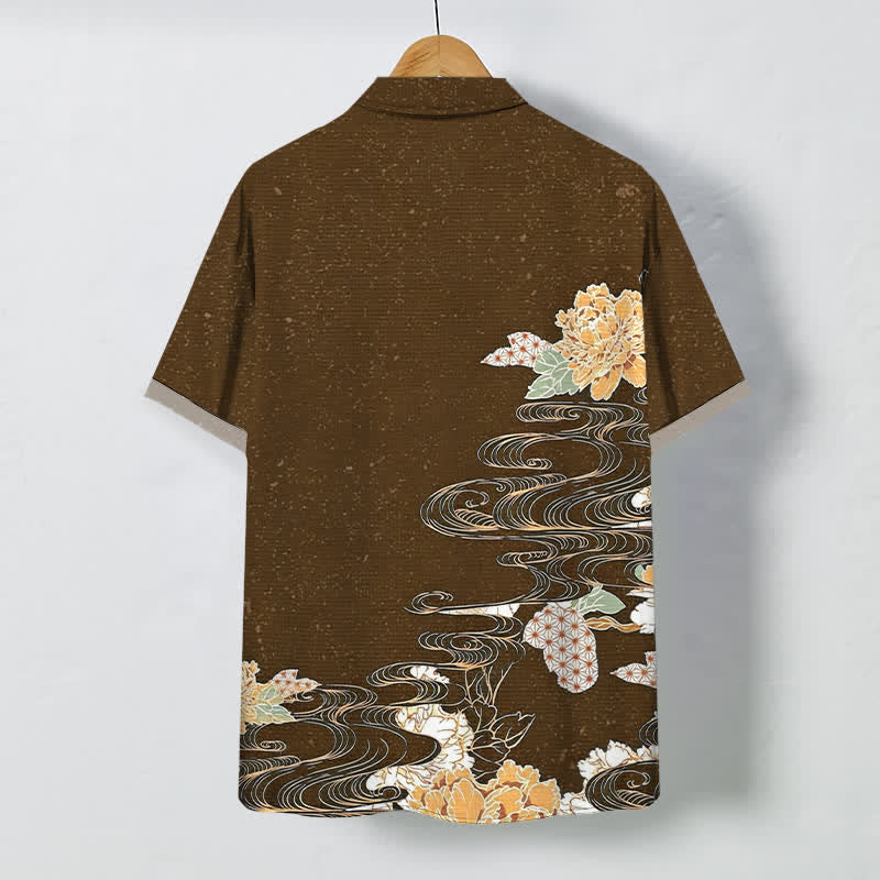 Buddha Stones Camicia da uomo a maniche corte traspirante con bottoni e motivo a onde di loto e nuvole. - image 11