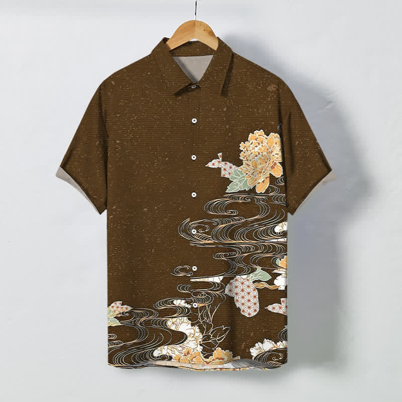 Buddha Stones Camicia da uomo a maniche corte traspirante con bottoni e motivo a onde di loto e nuvole. - Marrone sella - US/UK/AU48, EU58 (4XL) - image 10
