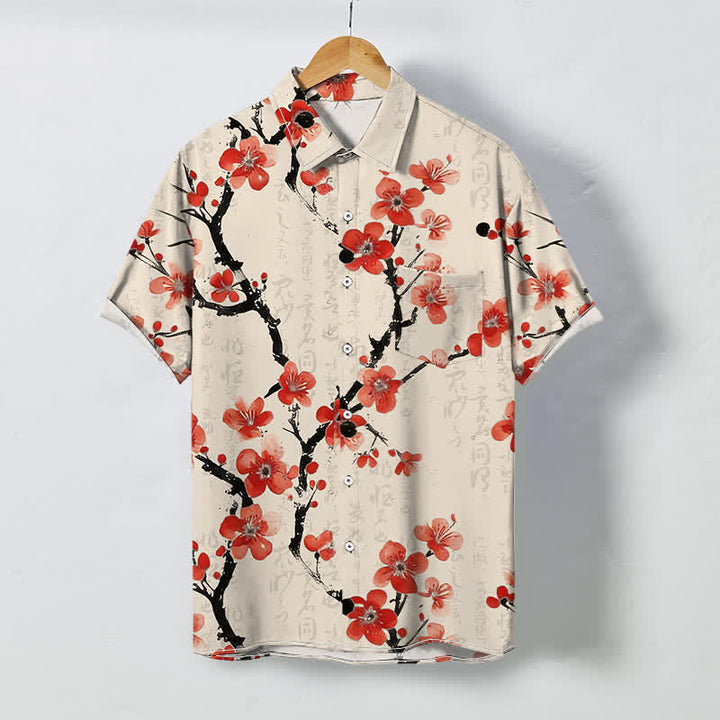Buddha Stones Camicia da uomo a maniche corte con bottoni a fantasia di rami di prugno rossi, resistente alle pieghe. - Bianco antico - US/UK/AU48, EU58 (4XL) - image 0