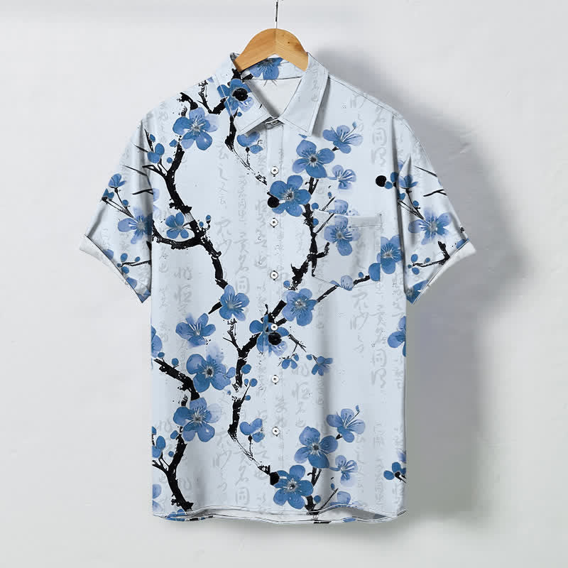 Buddha Stones Camicia da uomo a maniche corte con bottoni a fantasia di rami di prugno rossi, resistente alle pieghe. - Ciano chiaro - US/UK/AU48, EU58 (4XL) - image 3