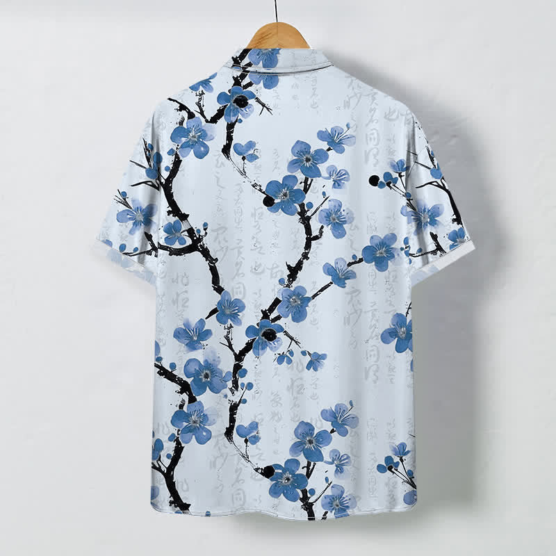 Buddha Stones Camicia da uomo a maniche corte con bottoni a fantasia di rami di prugno rossi, resistente alle pieghe. - image 4