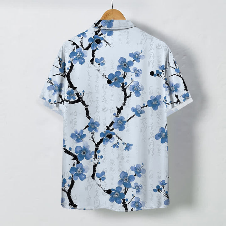 Buddha Stones Camicia da uomo a maniche corte con bottoni a fantasia di rami di prugno rossi, resistente alle pieghe. - image 4