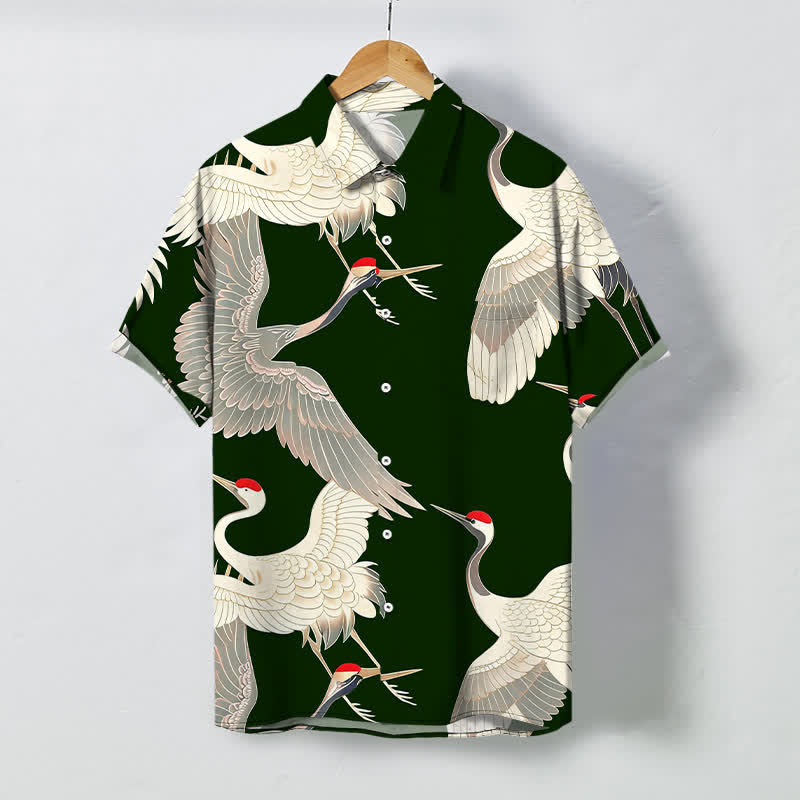 Buddha Stones Camicia da uomo a maniche corte con bottoni a fantasia di gru dalla corona rossa in volo, resistente alle pieghe. - Verde scuro - US/UK/AU48, EU58 (4XL) - image 5