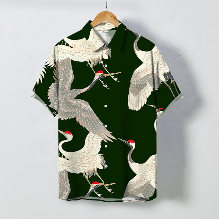 Buddha Stones Camicia da uomo a maniche corte con bottoni a fantasia di gru dalla corona rossa in volo, resistente alle pieghe. - Verde scuro - US/UK/AU48, EU58 (4XL) - image 5