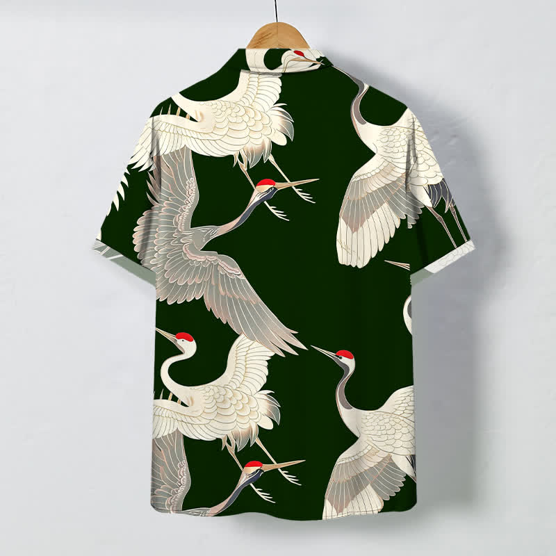 Buddha Stones Camicia da uomo a maniche corte con bottoni a fantasia di gru dalla corona rossa in volo, resistente alle pieghe. - image 6