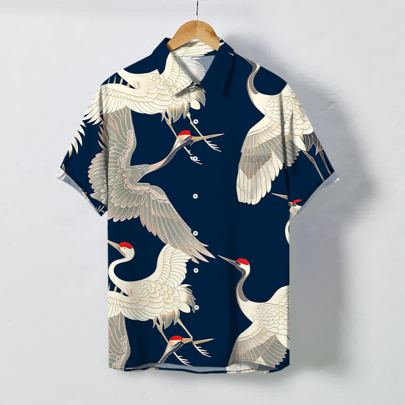 Buddha Stones Camicia da uomo a maniche corte con bottoni a fantasia di gru dalla corona rossa in volo, resistente alle pieghe. - Marina - US/UK/AU48, EU58 (4XL) - image 10