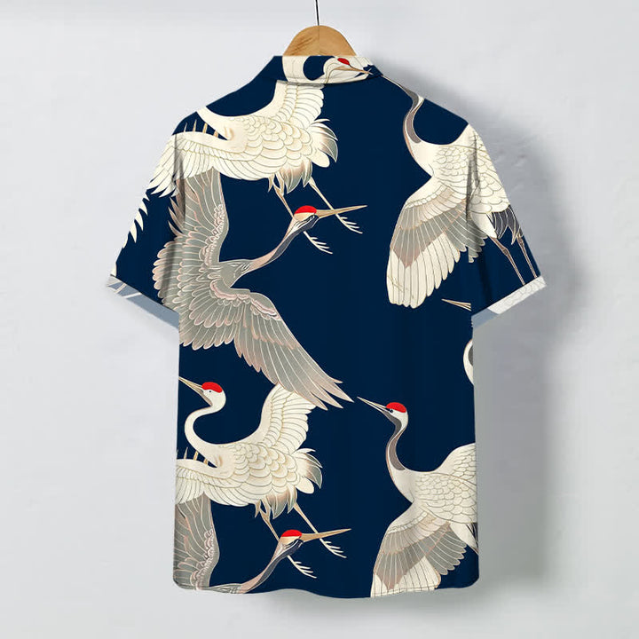 Buddha Stones Camicia da uomo a maniche corte con bottoni a fantasia di gru dalla corona rossa in volo, resistente alle pieghe. - image 11