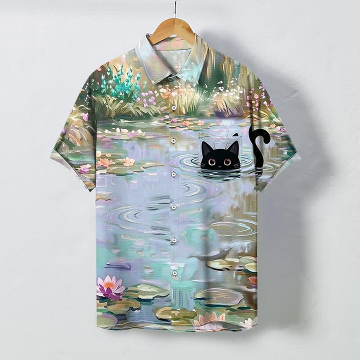 Buddha Stones Camicia da uomo a maniche corte traspirante con bottoni e motivo gatto nero e ninfea. - Blu acciaio chiaro - US/UK/AU48, EU58 (4XL) - image 6