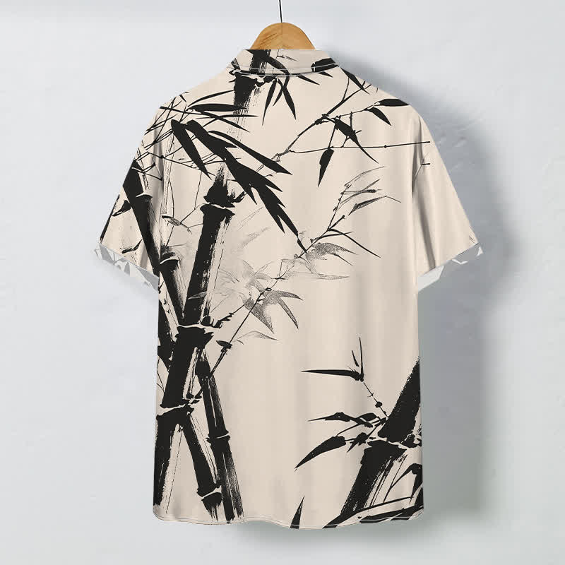 Buddha Stones Camicia da uomo a maniche corte con bottoni a fantasia bambù e stampa inchiostro, resistente alle pieghe. - image 1