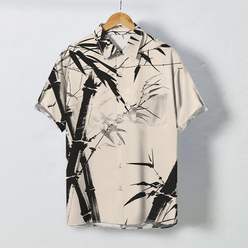 Buddha Stones Camicia da uomo a maniche corte con bottoni a fantasia bambù e stampa inchiostro, resistente alle pieghe. - Avorio - US/UK/AU48, EU58 (4XL) - image 0