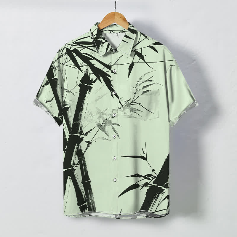 Buddha Stones Camicia da uomo a maniche corte con bottoni a fantasia bambù e stampa inchiostro, resistente alle pieghe. - Verde pallido - US/UK/AU48, EU58 (4XL) - image 3