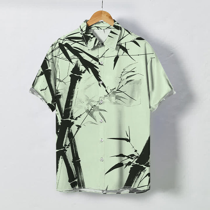 Buddha Stones Camicia da uomo a maniche corte con bottoni a fantasia bambù e stampa inchiostro, resistente alle pieghe. - Verde pallido - US/UK/AU48, EU58 (4XL) - image 3