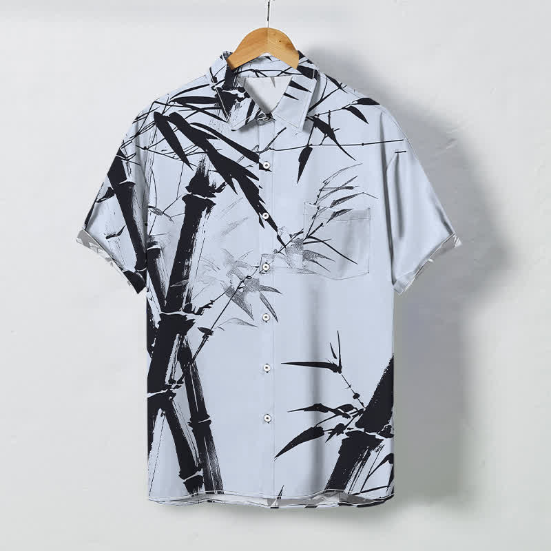 Buddha Stones Camicia da uomo a maniche corte con bottoni a fantasia bambù e stampa inchiostro, resistente alle pieghe. - Azzurro chiaro - US/UK/AU48, EU58 (4XL) - image 6